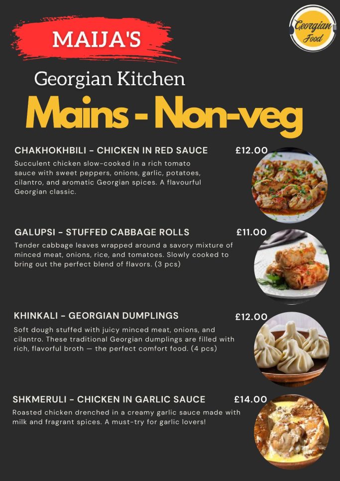 Menu featuring Georgian non-vegetarian mains with prices and dish descriptions.