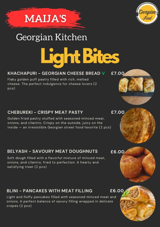 Menu for Maia's Georgian Kitchen featuring light bites and prices.