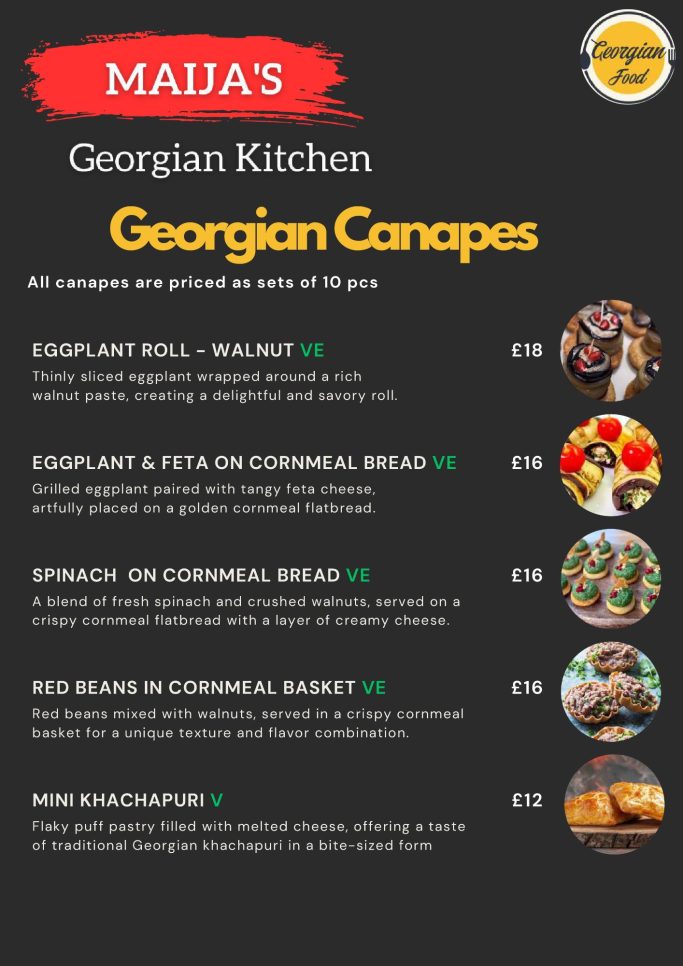 Menu listing for 'Maia's Georgian Kitchen' featuring various canapés and prices.